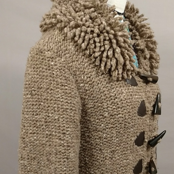 Irish Sweater Jacket Cardigan Coat Natural Neutral Fun Shaggy Collar frt Pockets - Picture 2 of 8
